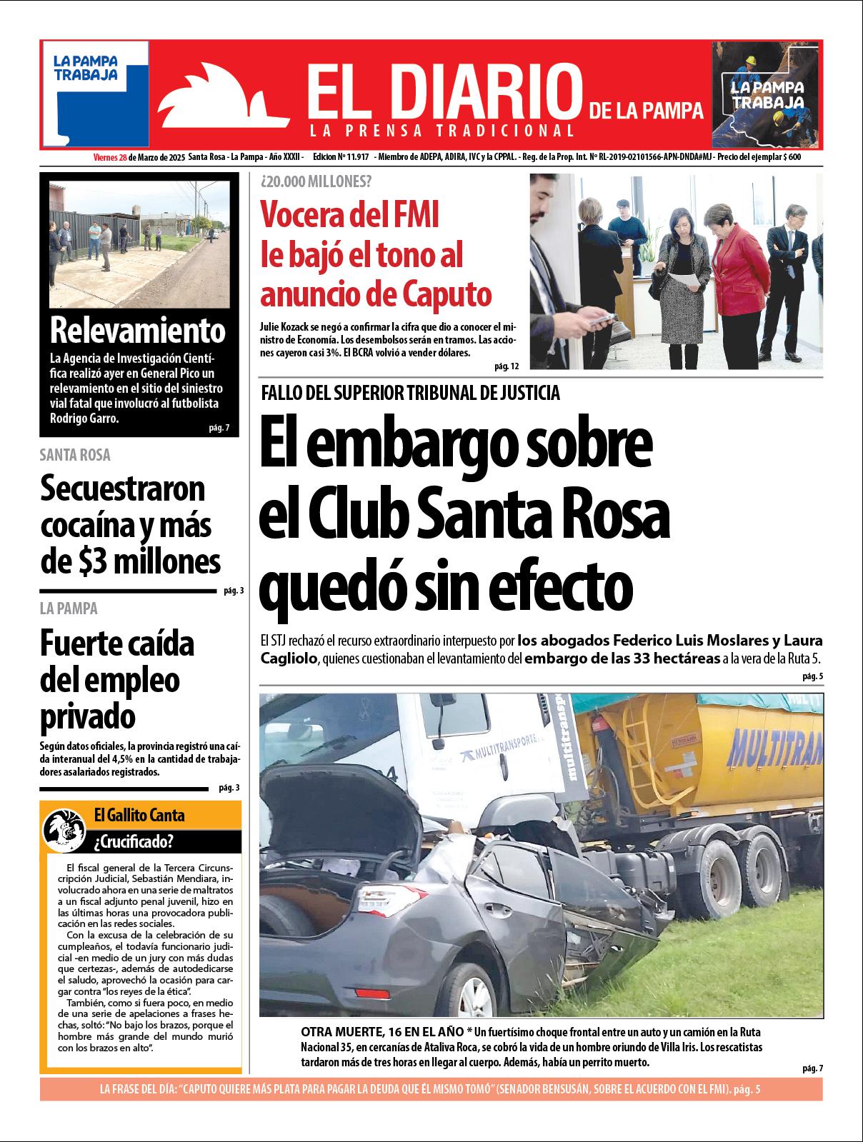 Tapa de El Diario en papel  viernes 28 de marzo de 2025